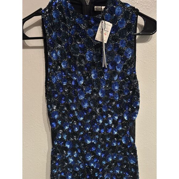 Alice + Olivia Stacey Bendet Sequin Dress Cobalt Blue Black Midi Sheath Size 2 - Picture 2 of 9